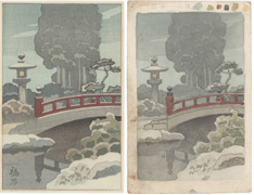 Small Format Shin Hanga: Bridge and Lantern in Evening Snow (preparatory painting and print)